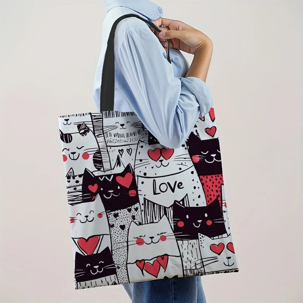 1pc, Cute Cartoon Cat Print Tote Bag, Large Capacity Shoulder Bag, Perfect Underarm Bag for Shopping, A Tote Bag