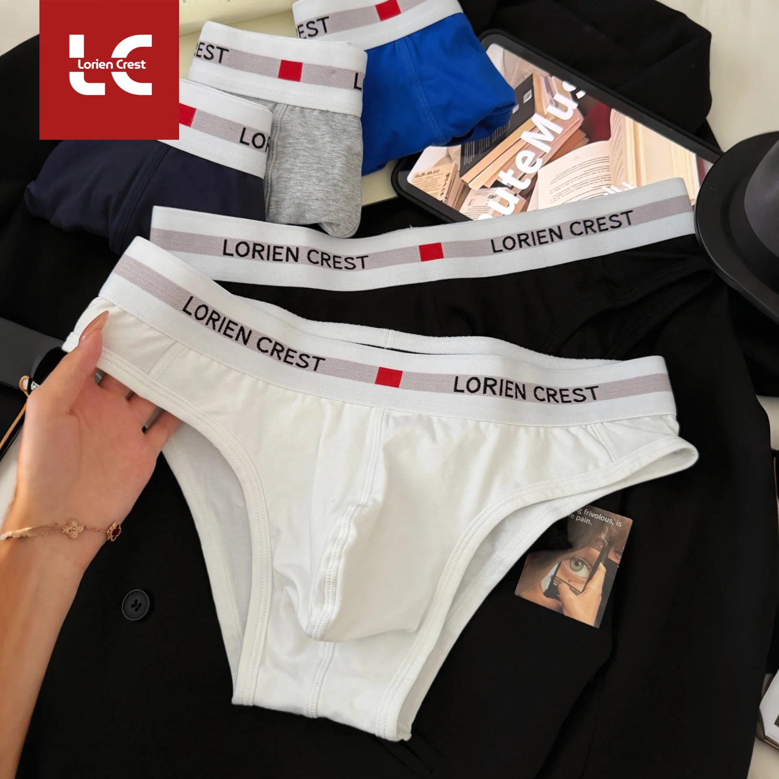 Herren 3-teiliges Set aus reiner Baumwolle, niedrige Taille, sexy, locker, atmungsaktiv, Sommerhose, Stirnband, Unterwäsche, elastische Baumwoll-Slips