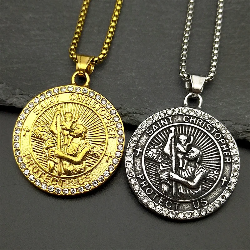 ST.Christopher حمايةنا ميدالية أحجار الراين قلادة سانت كريستوفر الفولاذ المقاوم للصدأ الذهب اللون القلائد المسيحية المجوهرات
