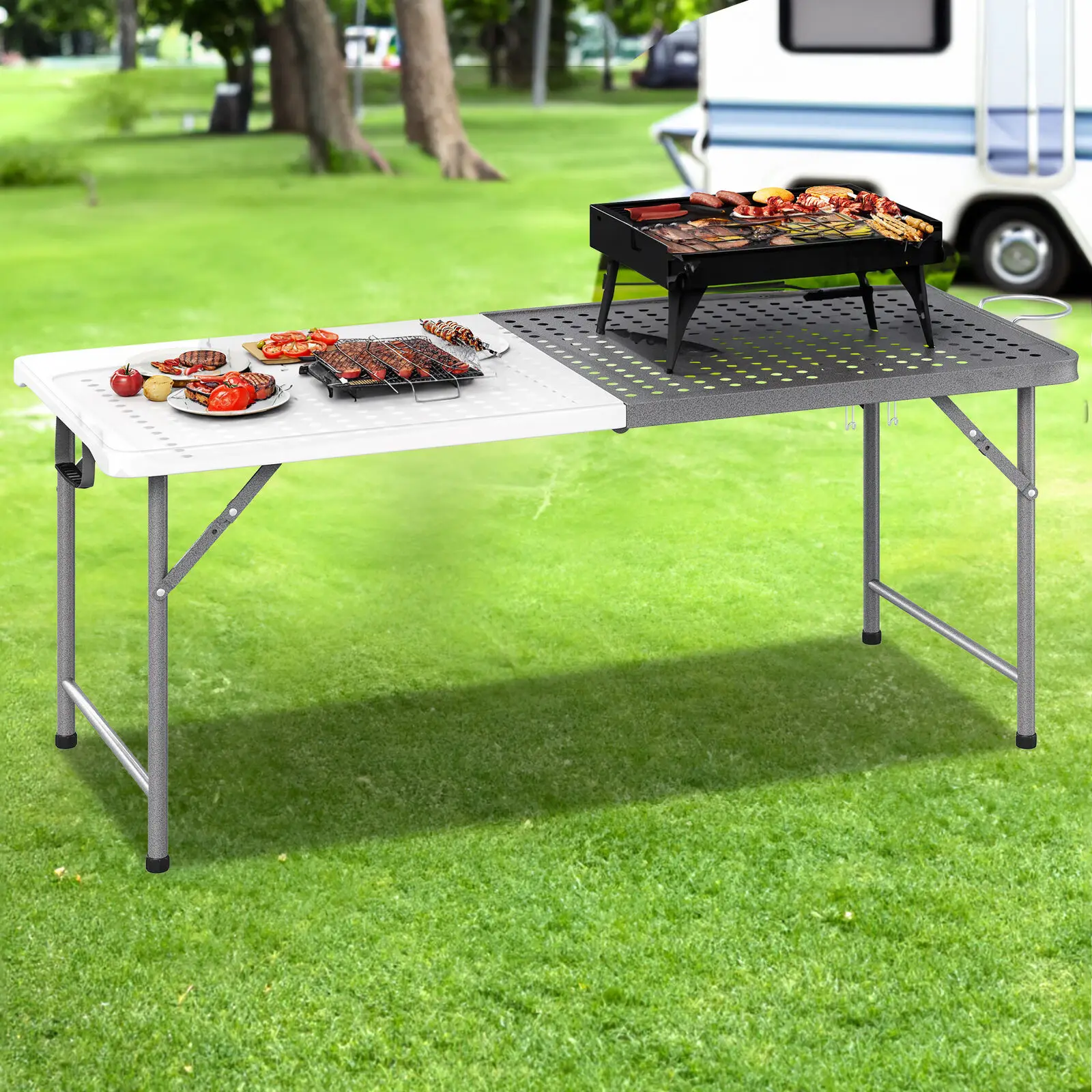 

Metal Folding Grill Table Portable 2-In-1 Camping Stand Table For BBQ Outdoor