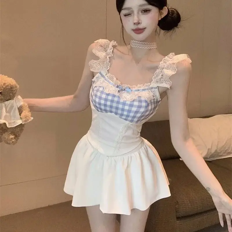 

Bowknot lace splicing camisole sweet hot girl suit female summer high waist skirt two piece suit