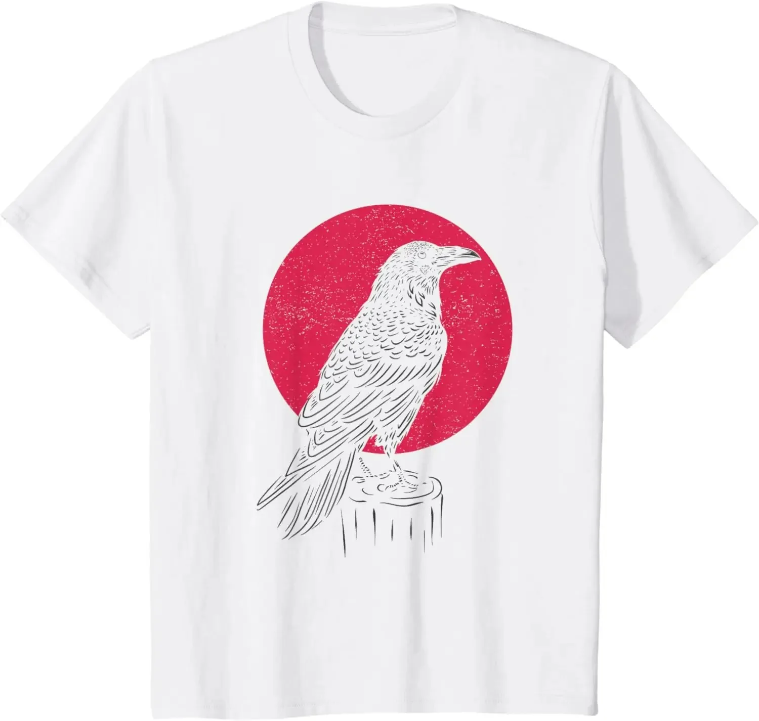 Vintage Red Circle Crow Graphic T Shirt Unisex Cotton Crew Neck Short Sleeve Tee Retro Bird Print Casual Streetwear Top