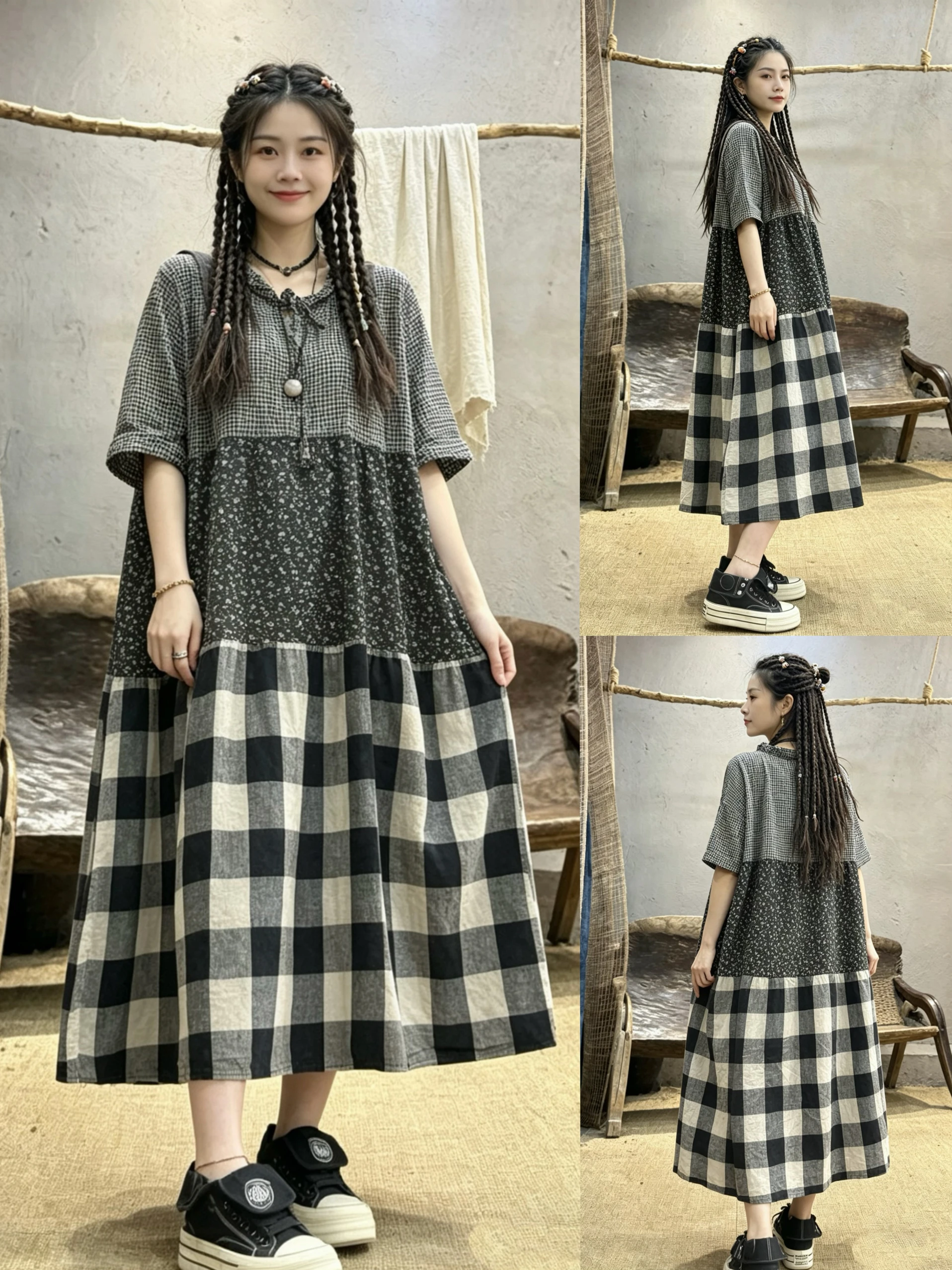 

Original Summer 2026 Women's Loose Casual Midi Cotton Linen Dress Vintage Plaid Patchwork Floral Print High Waist A-Line Skirt