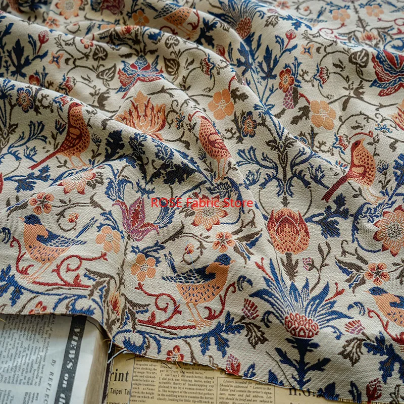 1 meter Light Coffee Color Flowers and Birds Yarn Dyed Jacquard Fabric Thick Stiff Retro Women's Dress Making Fabric