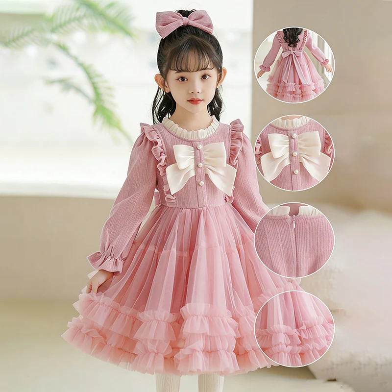 

Вельветовое платье для девочек, осенне-зимние сетчатые платья с бантом для девочек, элегантная праздничная детская модная одежда принцессы на день рождения и свадьбу