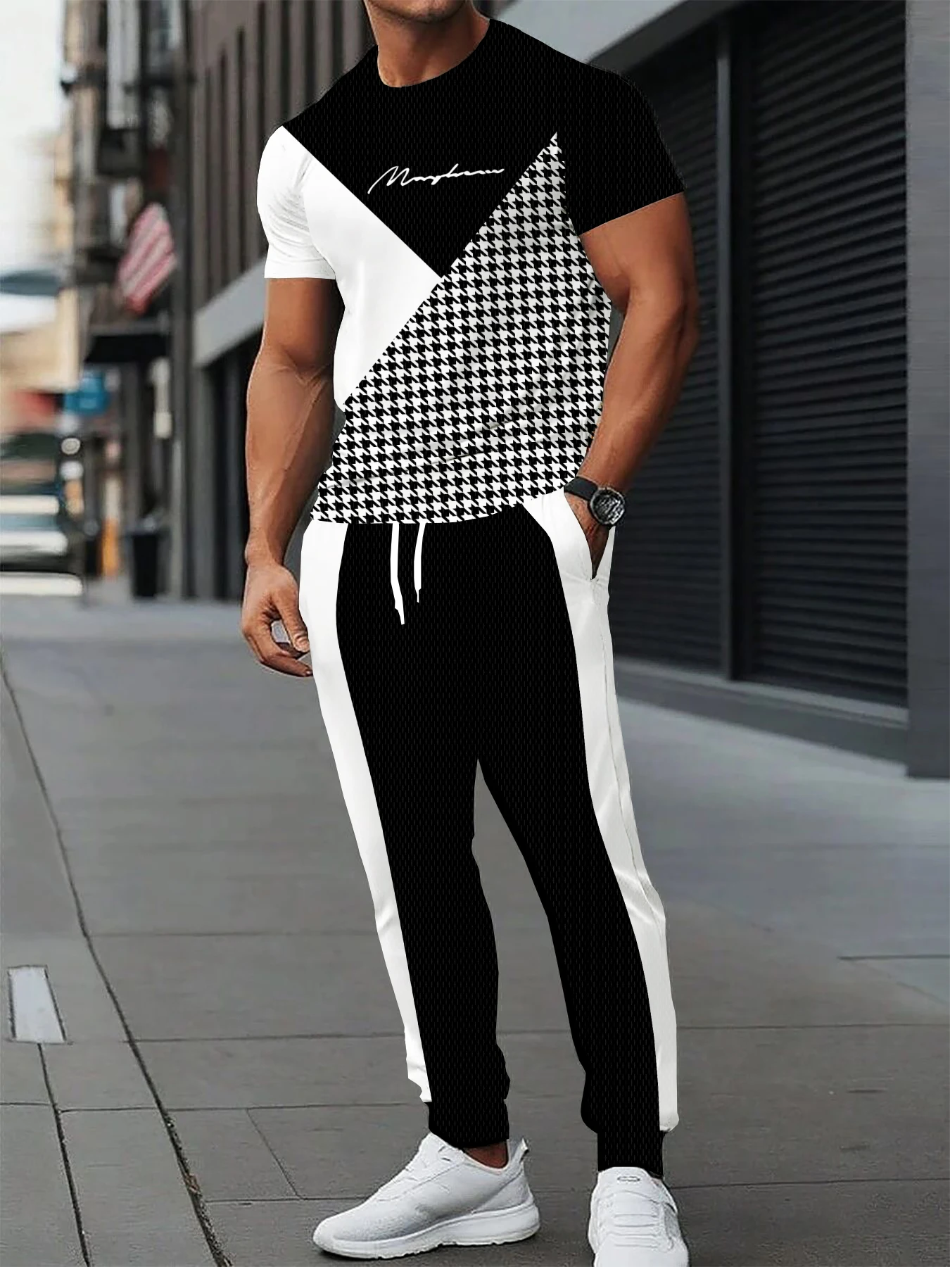 Verão masculino novo listrado carta impressão refrescante e respirável em torno do pescoço camiseta calças definir roupas casuais ao ar livre