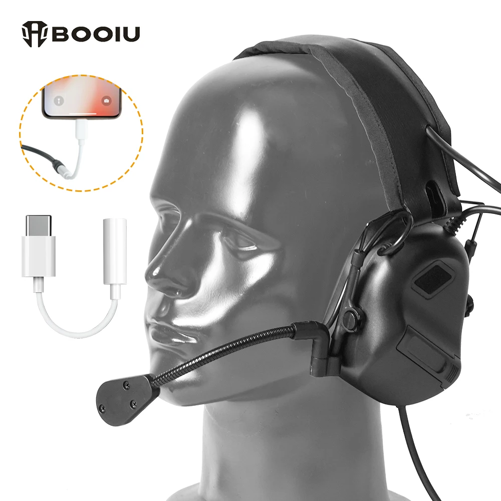 BOOIU ยุทธวิธีการถ่ายภาพอิเล็กทรอนิกส์ชุดหูฟัง 3.5 มม.เชื่อมต่อโทรศัพท์หูฟังแบบพับได้ป้องกันหมวกนิรภัย Earmuff