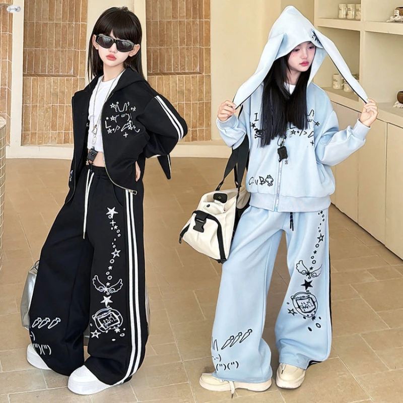 Girls Hooded Suits Clothing Spring Autumn Kids Hoodie+SweatPants 2PCS Sets Fashion Rabbit Ear Teenager Clothes Tracksuit 5-14Yrs
