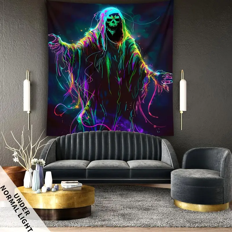 VIKAMA Neon Grim Reaper Tapestry, Rainbow Skeleton Reaper Psychedelic Fluid Gothic Wall Hanging, Halloween Photo Backdrop