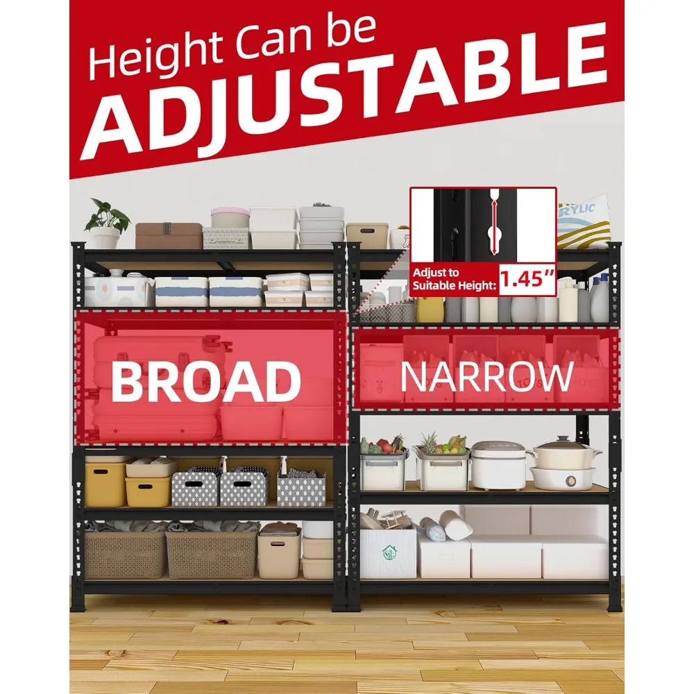 Heavy Duty 5 Tier Adjustable Metal Garage Storage Shelves, 12 x 72 Inch Utility Rack, Large Capacity Shelving System