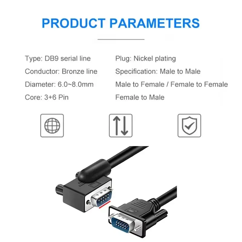 DB9 RS232 Elbow Serial Port Cable Male to Female Extension Data Wire Black PVC Com Left Elbow Data Line for Computer Display