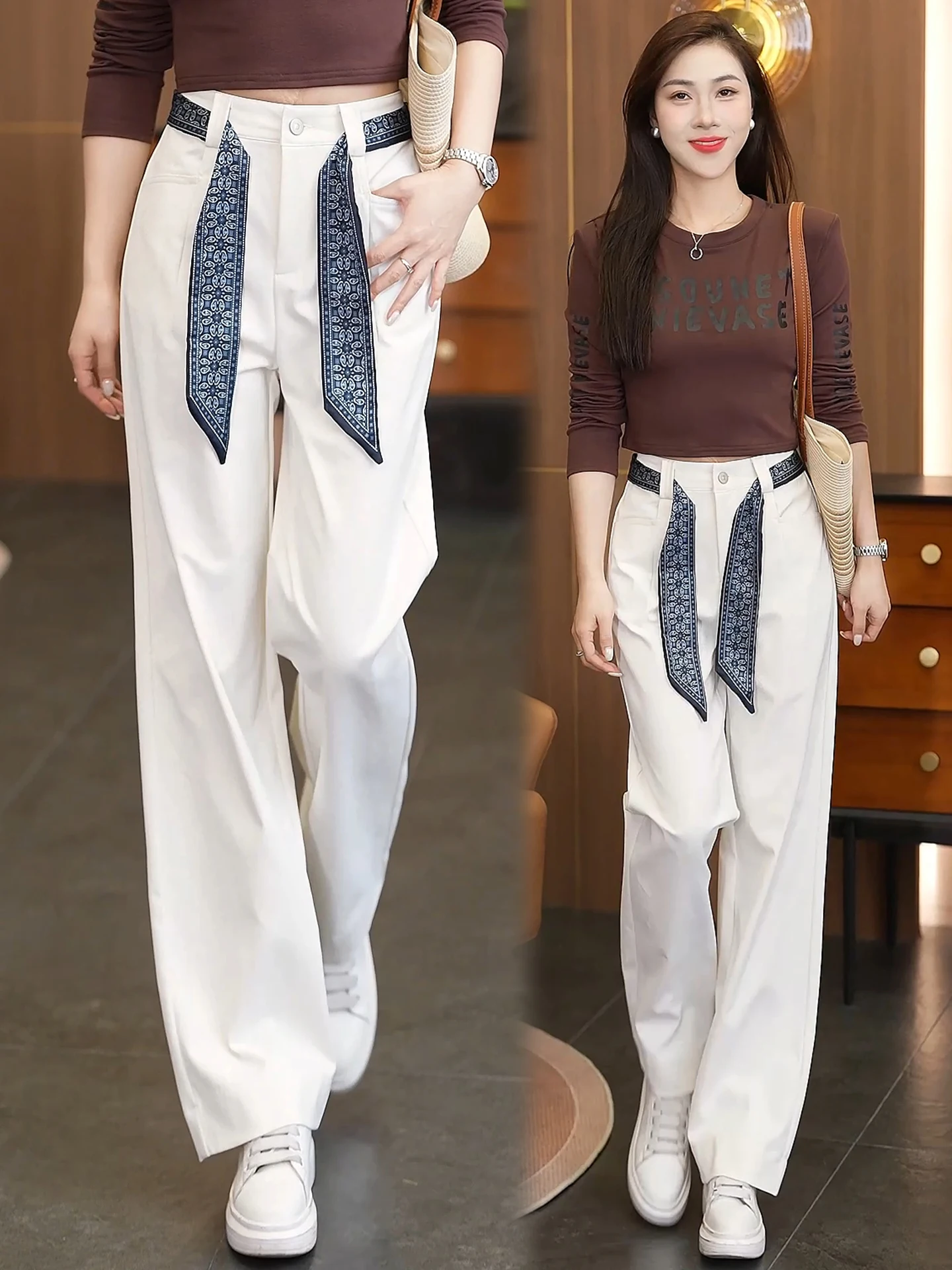 

Slim Wide Leg Suit Pants for Women High Waist Belted Silk Scarf Casual Loose Straight Leg Pants Spring Autumn New Style