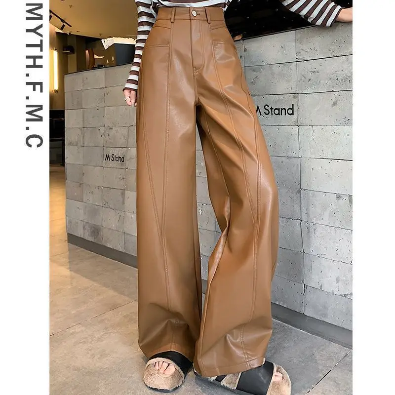 Coffee Colored High-end Suit Leather Pants 2024 Women's Autumn and Winter New High Waisted Loose Straight Leg Wide Leg Pants