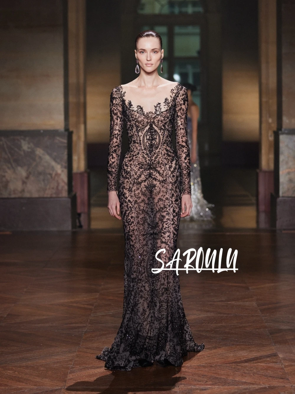 

Black Embroidery Mermaid Evening Dress Delicate Dazzling Beaded Sequined Long Sleeved Women Prom Cocktail Gown New Arrival