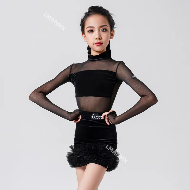 Strój do tańca latynoamerykańskiego dla dziewcząt i dzieci, nowy top z siateczkowymi rękawami, dopasowana spódnica do połowy uda, strój do ćwiczeń i występów.