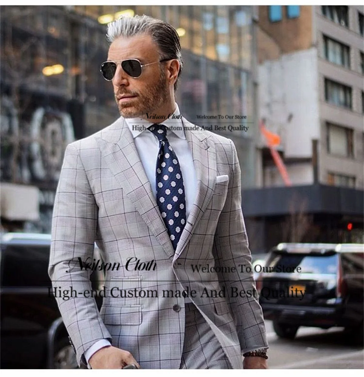 

Grey Plaid Male Prom Blazers 2 Pieces Sets Slim Fit Groom Wedding Tuxedos Customized Peaked Lapel Business Terno Masculino