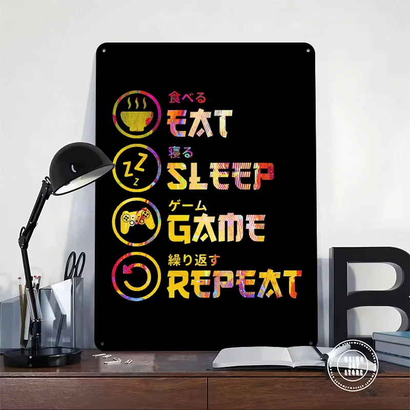 Eat Sleep Game Repeat Japanese Personalized 3D Textured Metal Poster Wall Art Vintage Tin Signs for Decoration Room House Home