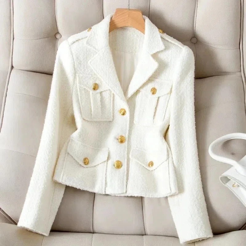 

4XL Fashion White Blazer Suit Collar Small fragrance Jacket High-quality Coarse Tweed Coat Short Black Wool Outerwear Female REE