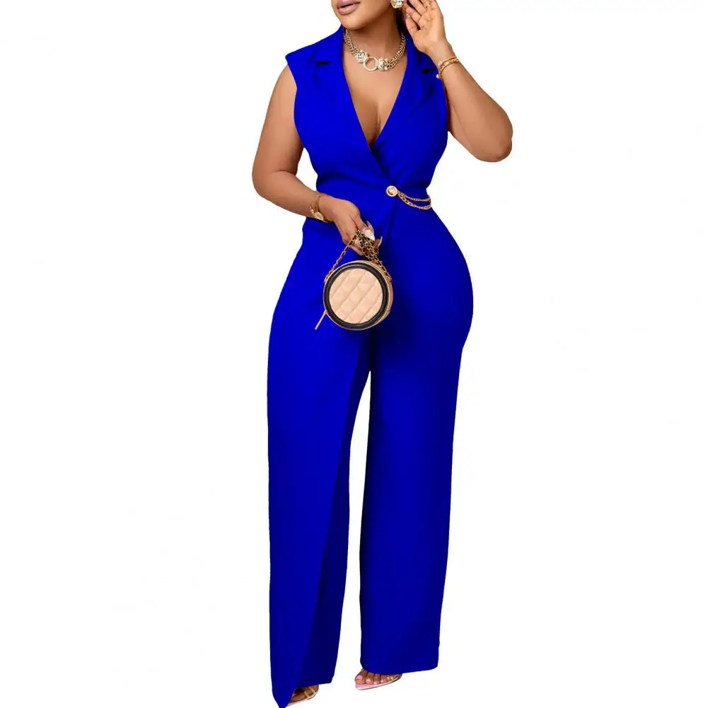 

Women Wide Leg Jumpsuit Elegant V Neck Jumpsuit with Chain Detailing Slim Waist Wide Leg for Summer Business Style Commuting