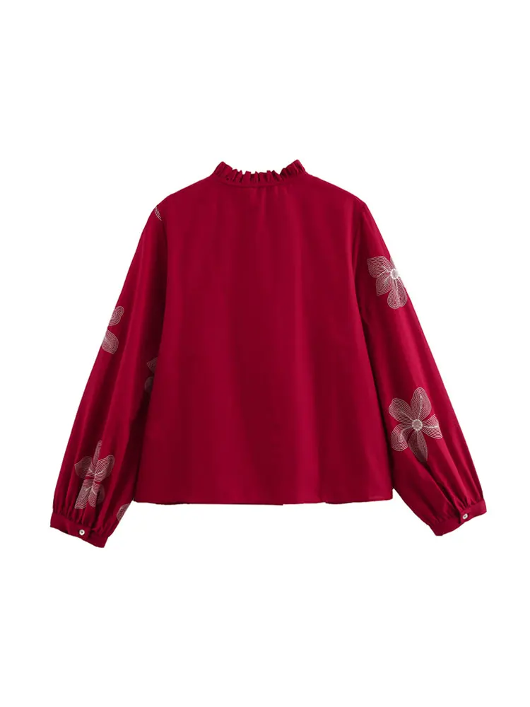 Camicette da donna con ricamo floreale alla moda, maniche lunghe, bottoni sul davanti, camicie da donna, top chic