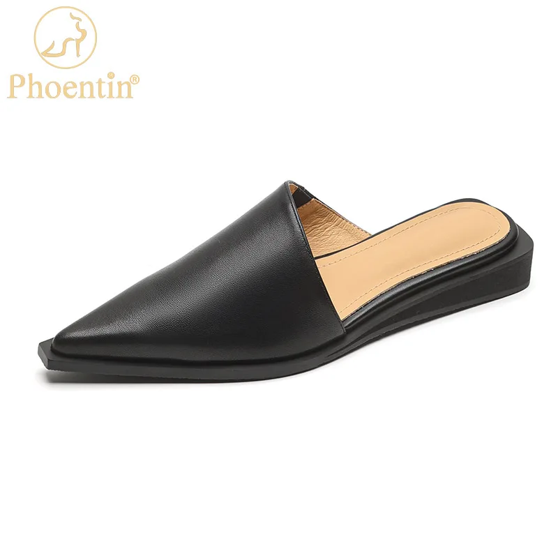 Phoentin 2023 Summer Elegant Women\'s Genuine Leather slippers top quality Mules classic Casual Shoes Pointed Toe sandals FT2490