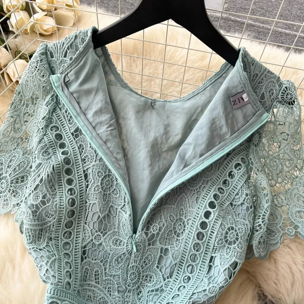 Vintage Solid Lace O-neck Hollow Out Lotus Leaf Sleeves Short Sleeves Long Dresses Casual Women A-Line Fashion Summer Clothing
