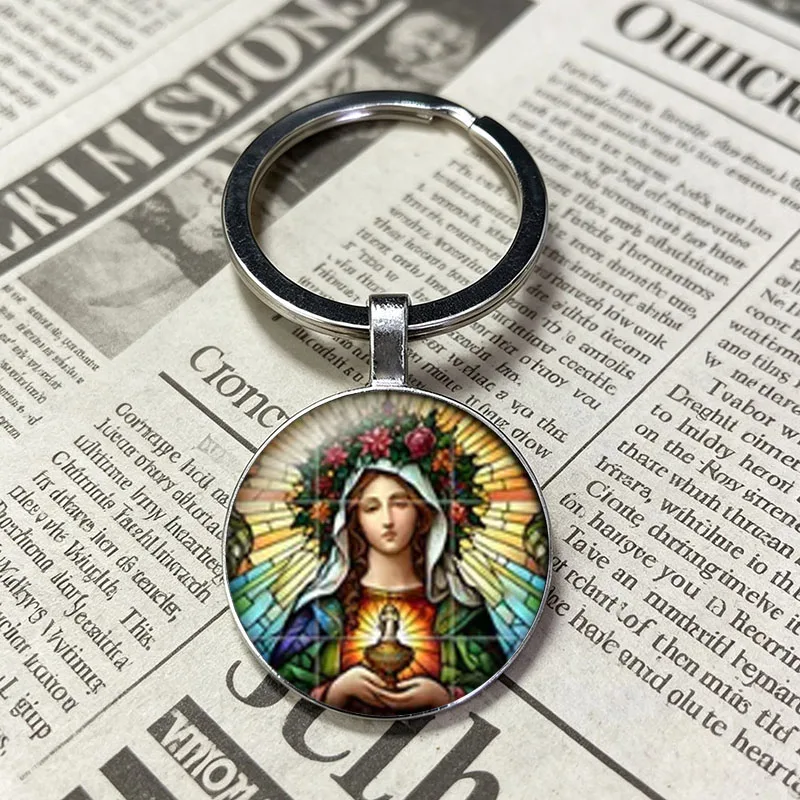 Stained Glass Virgin Mary Holy Family Glass Keychain Religious Catholic Mosaic Faith Round Key Pendant Bag Accessory Gift