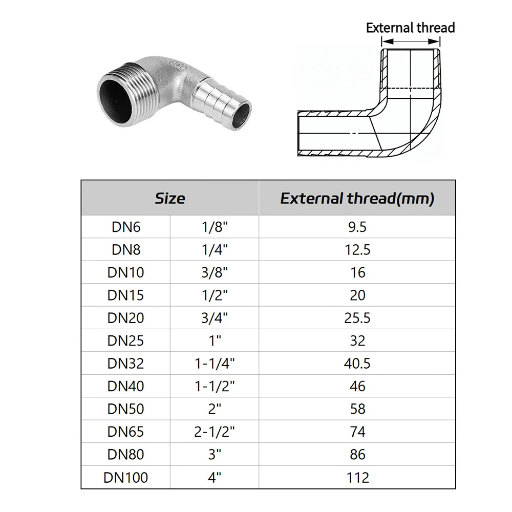 Guangluo 304 Stainless Steel Bspt Male Hose Barb Elbow 90° Corrosion-resistant For 1/8