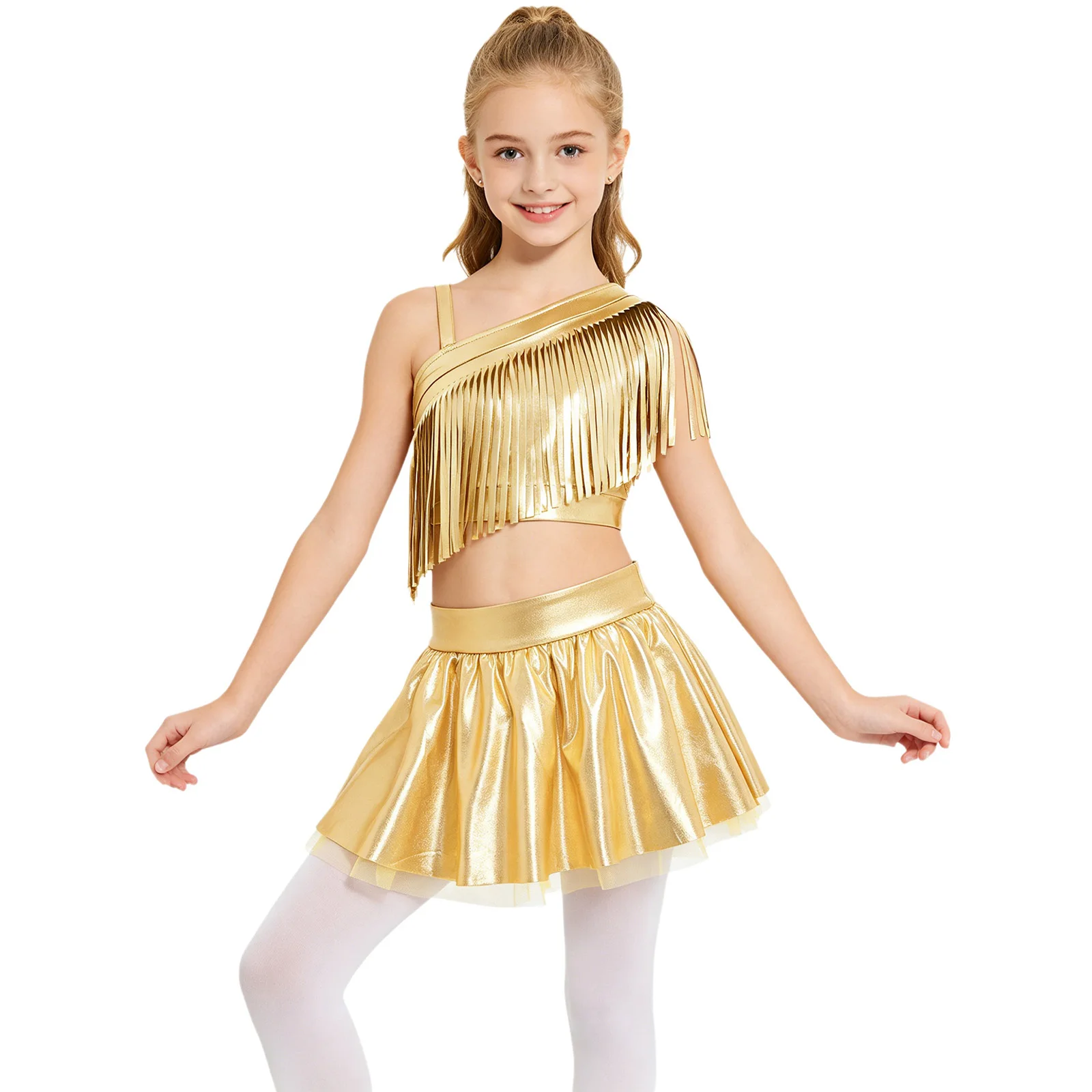 Kids Girls Tassel Jazz Dance Outfit Asymmetrical Shoulder Metallic Shiny Crop Top with Skirt Cheerleading Contemporary Dancewear