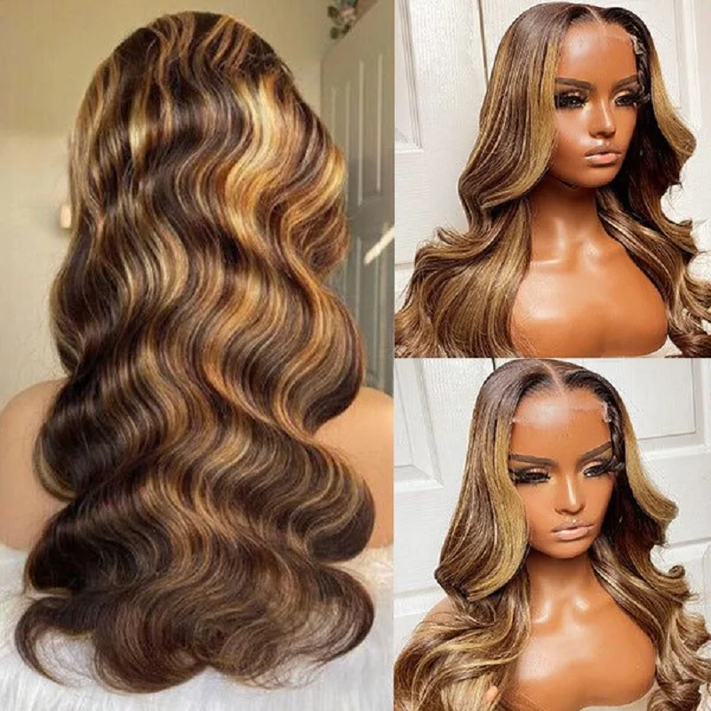 4/27 Highlight Ombre Colored HD transparent lace frontal wig 13x6 30 40 Inch body wave wigs 13x4 For Women choice Wavy Cheap Wig