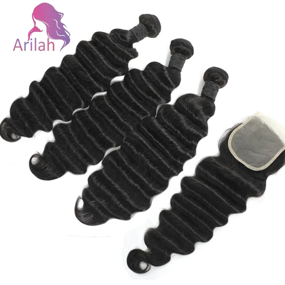 

2/3 шт. свободные пучки глубоких волн, пучки человеческих волос с кружевной застежкой 4x4 для чернокожих женщин, 100% необработанные бразильские девственные волосы
