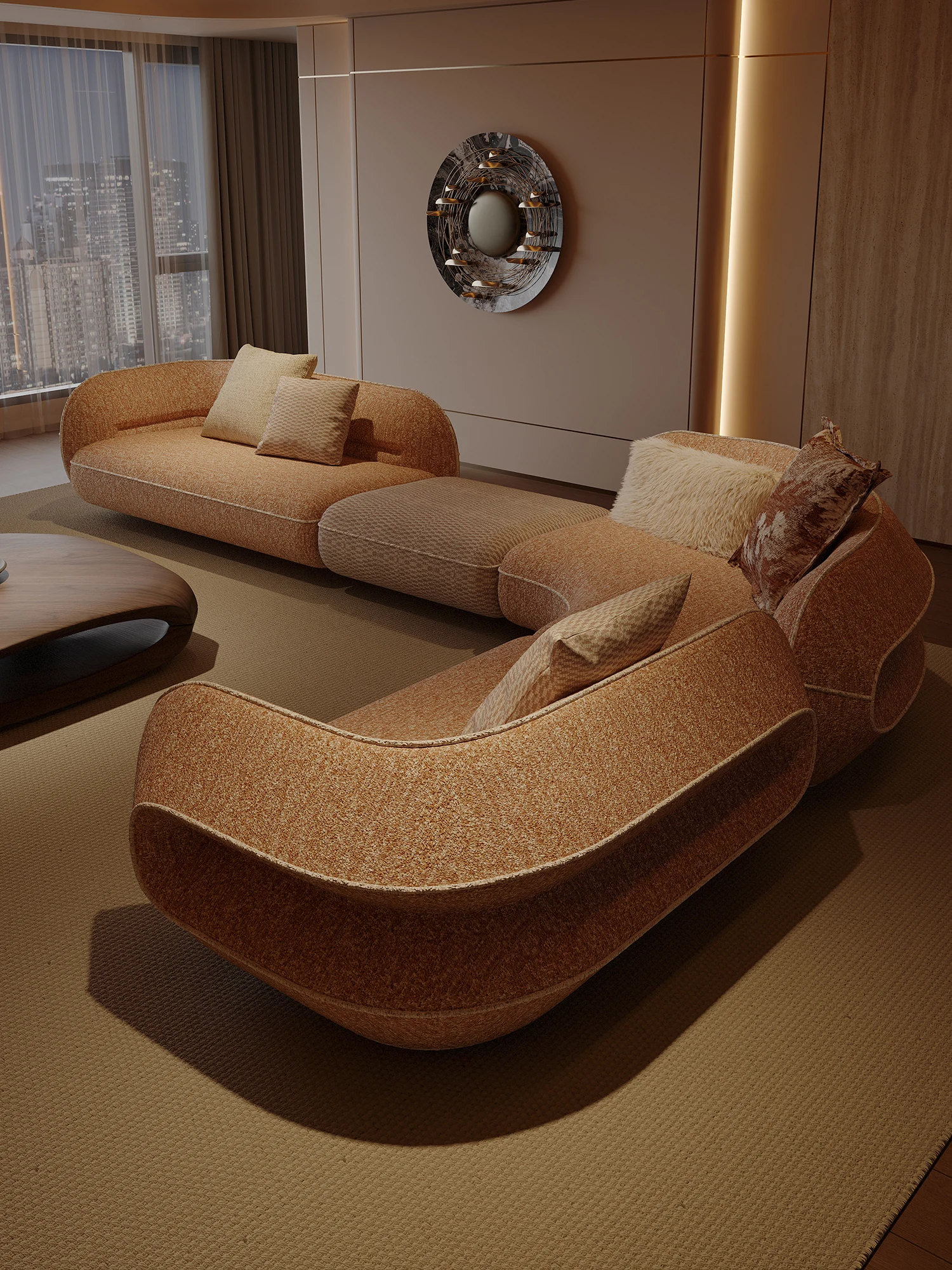 BAIYI Rust Curved Modular Sectional Sofa L Shaped Cylinder Roll Armrest Deep Seat Low Profile For Large Living Room Villa