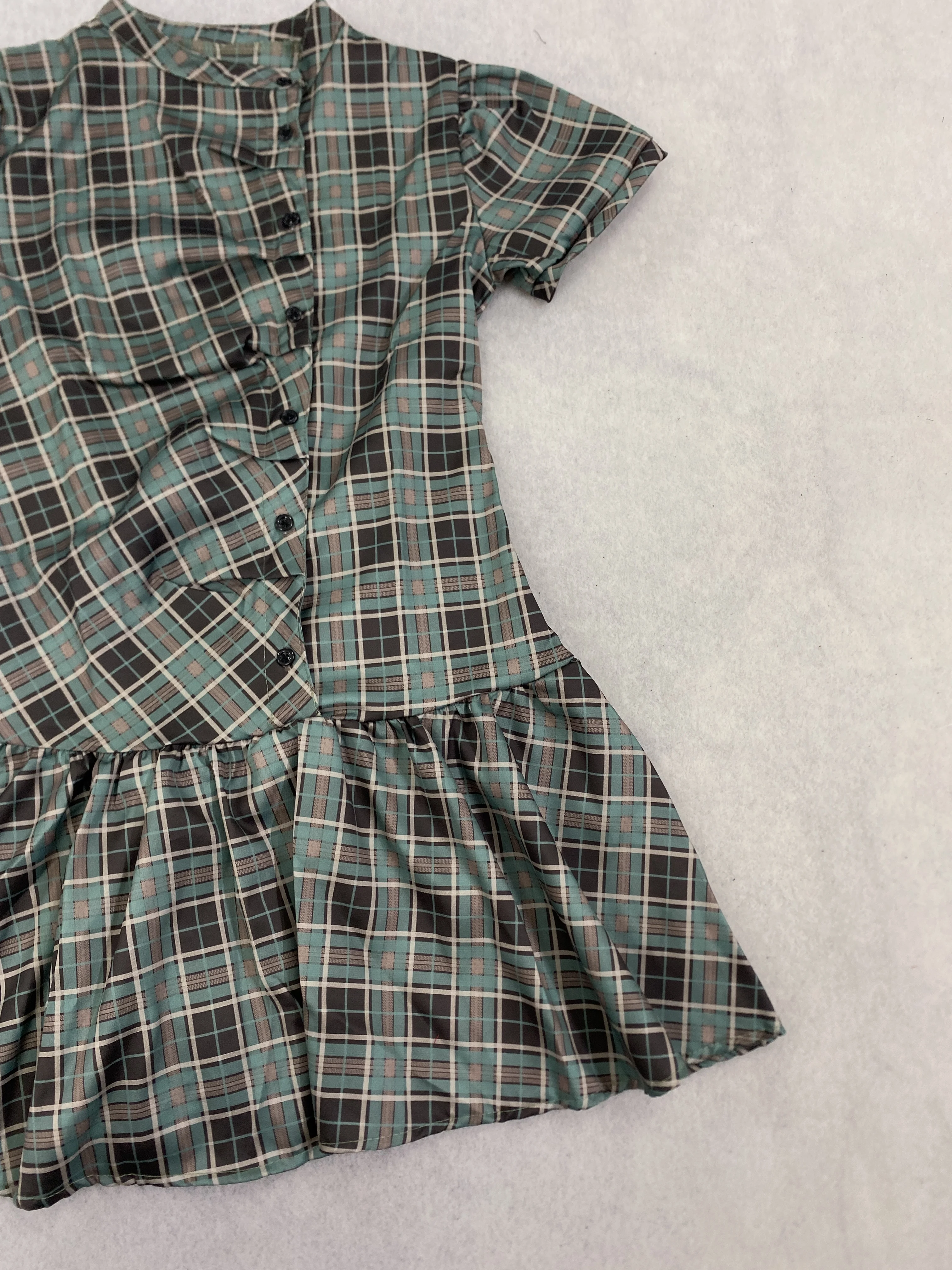 Damen Vintage Kariertes A-Linien-Minikleid Kurzarm Stehkragen Knopfleiste Plissiert Lässig Elegant Modisch – Detail 16