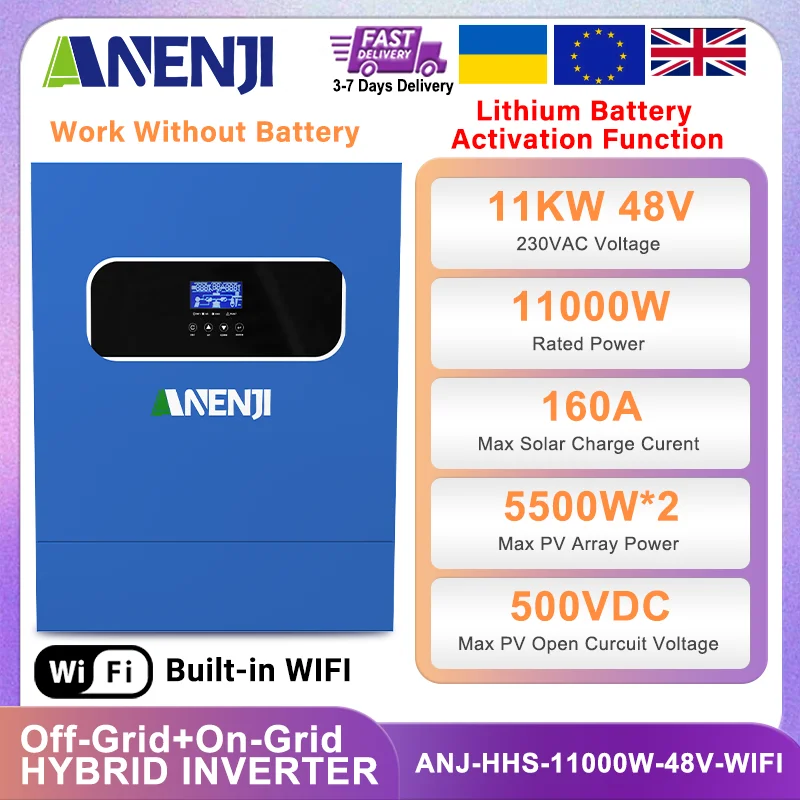 ANENJI Hybrid Solar Inverter 11KW 6.2KW MPPT Pure Sine Inverter 48V Built-in 160A 120A Off-Grid+On-Grid Solar Charger PV 500VDC