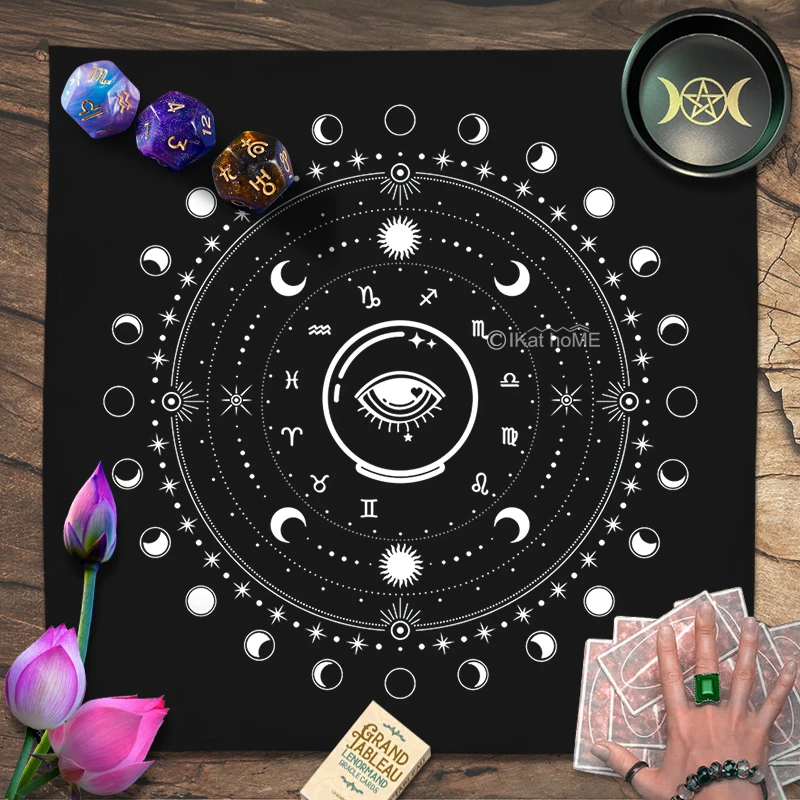 Black Large Size 12 Constellations Tarot Tablecloth Velvet Altar Cloth Board Game Fortune Astrology Moon Phase Oracle Card Pads