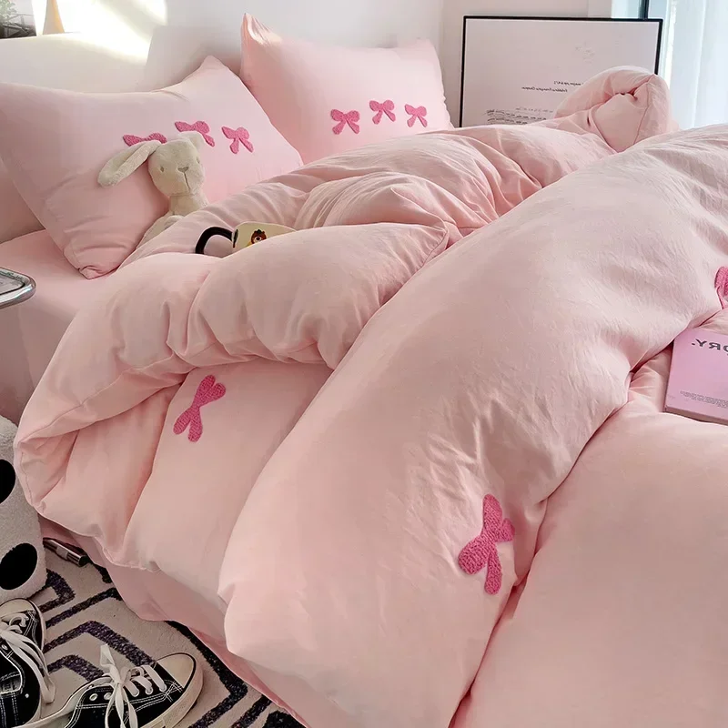Pink 3D Embroidered Bow Quilt Set, Cotton Pink Comfortable Soft Bedding, Suitable for Girls, Children and Teenagers Room Beddin