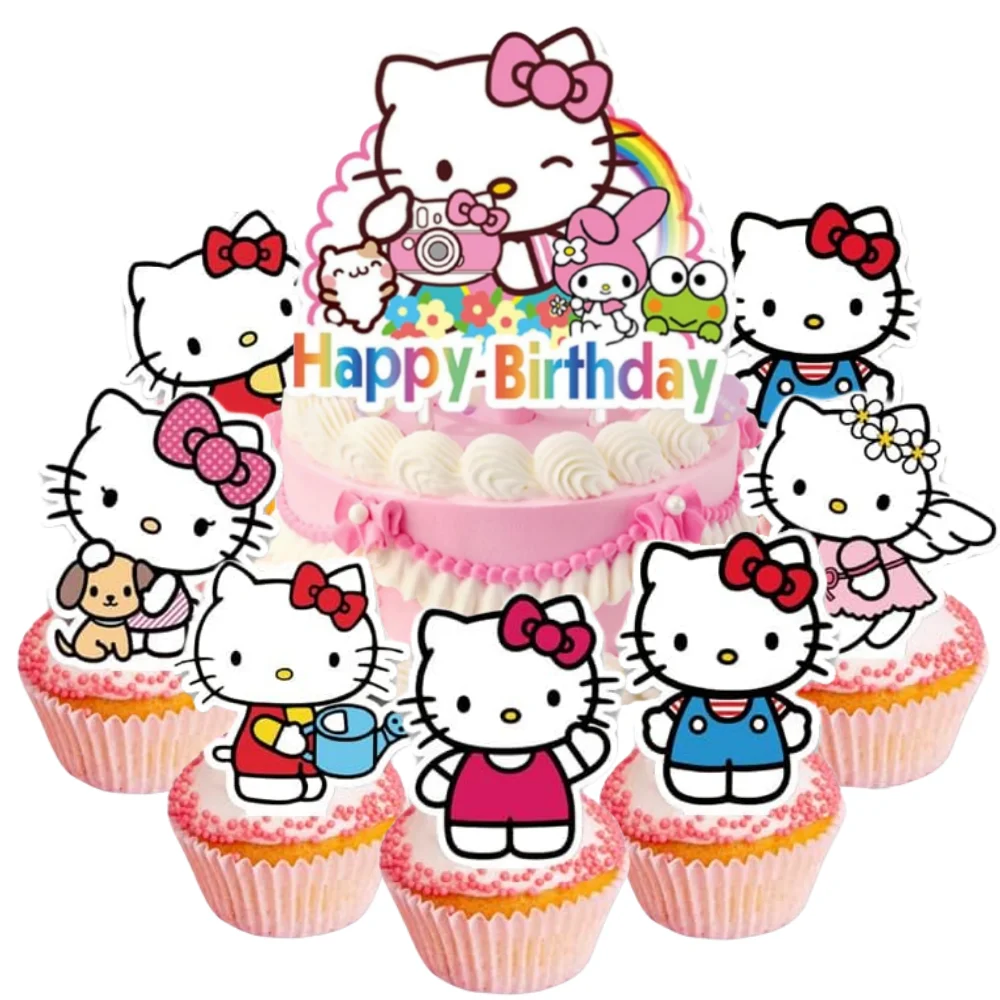 25Pcs Hello Kitty Happy Birthday Cake Toppers Kitty Cat Cupcake Topper For Kids Birthday Party Cake Flag Decorations Baby Shower