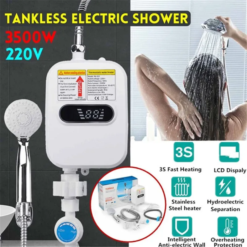 3500W 220V Water Heater Bathroom Kitchen Wall Mounted Instant Electric Water Hot Heater Tap Temperature Display Faucet Shower