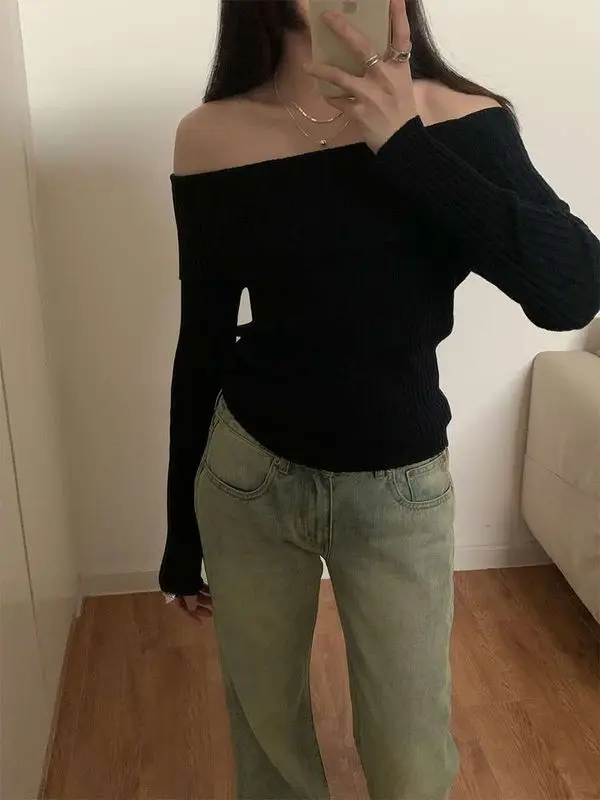 

Новый женский приталенный свитер Yuan Pai Thirteen Lines Spring New Onecharacter Ne Slim с длинными рукавами из полиэстера, вязаный, с деталями из ниток