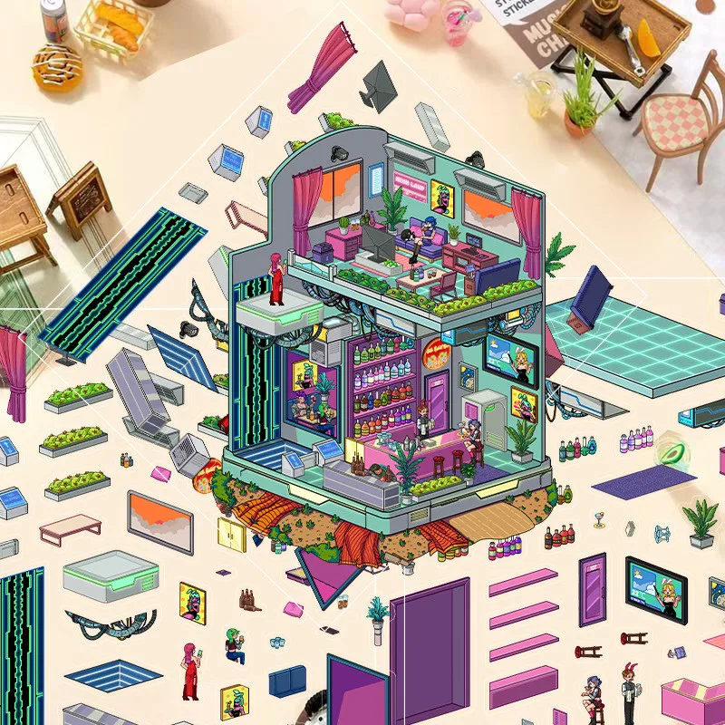 ملصقات المناظر الطبيعية الكرتونية - كوخ ستيريو ثلاثي الأبعاد على طراز Cyber Style، شارات مشهد DIY لتخفيف التوتر لحساب اليد (متجر Anime Worlds)