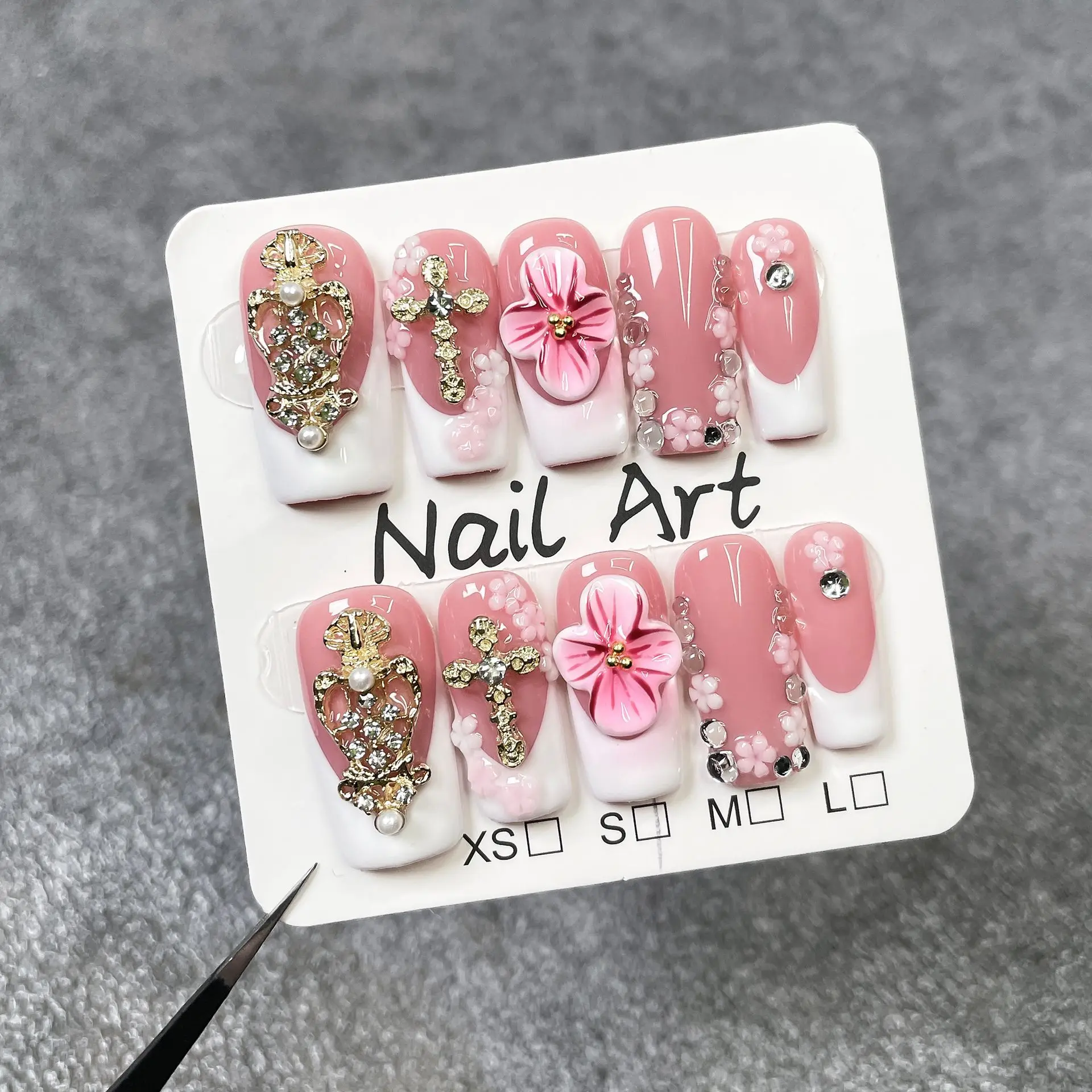 10 قطعة الصحافة الفاخرة الحلو على الأظافر الأبيض الفرنسية تلميح مسمار الفن اللؤلؤ حجر الراين الأظافر وهمية ثلاثية الأبعاد زهرة مسمار متوسطة مربع الأظافر كاذبة