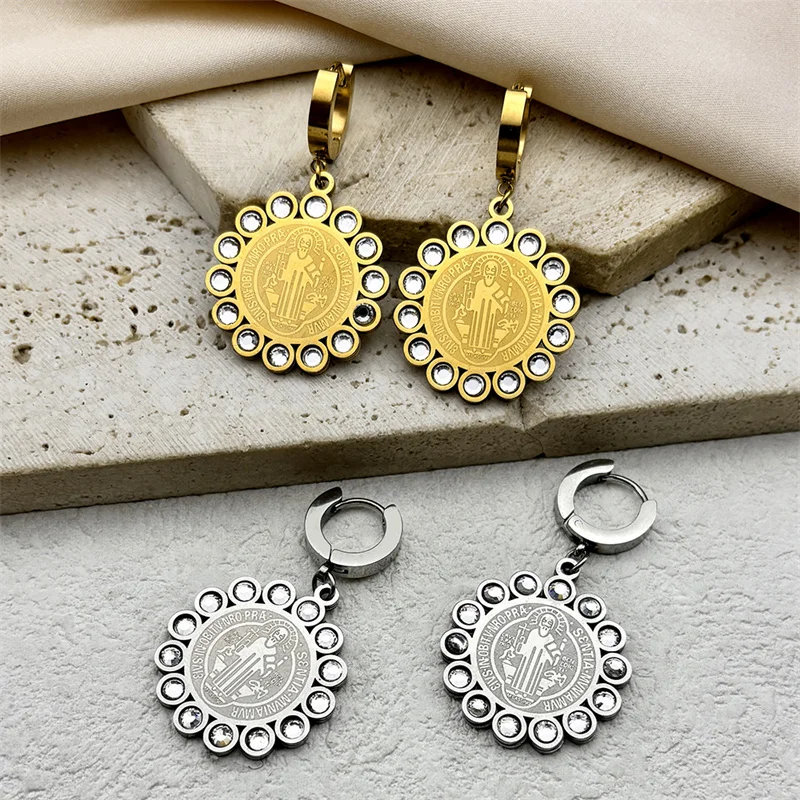 Religious San Benito Hoop Earrings For Women Stainless Steel Gold Color Jesus Saint Benedict Ear Rings Jewelry pendientesEZZZ813