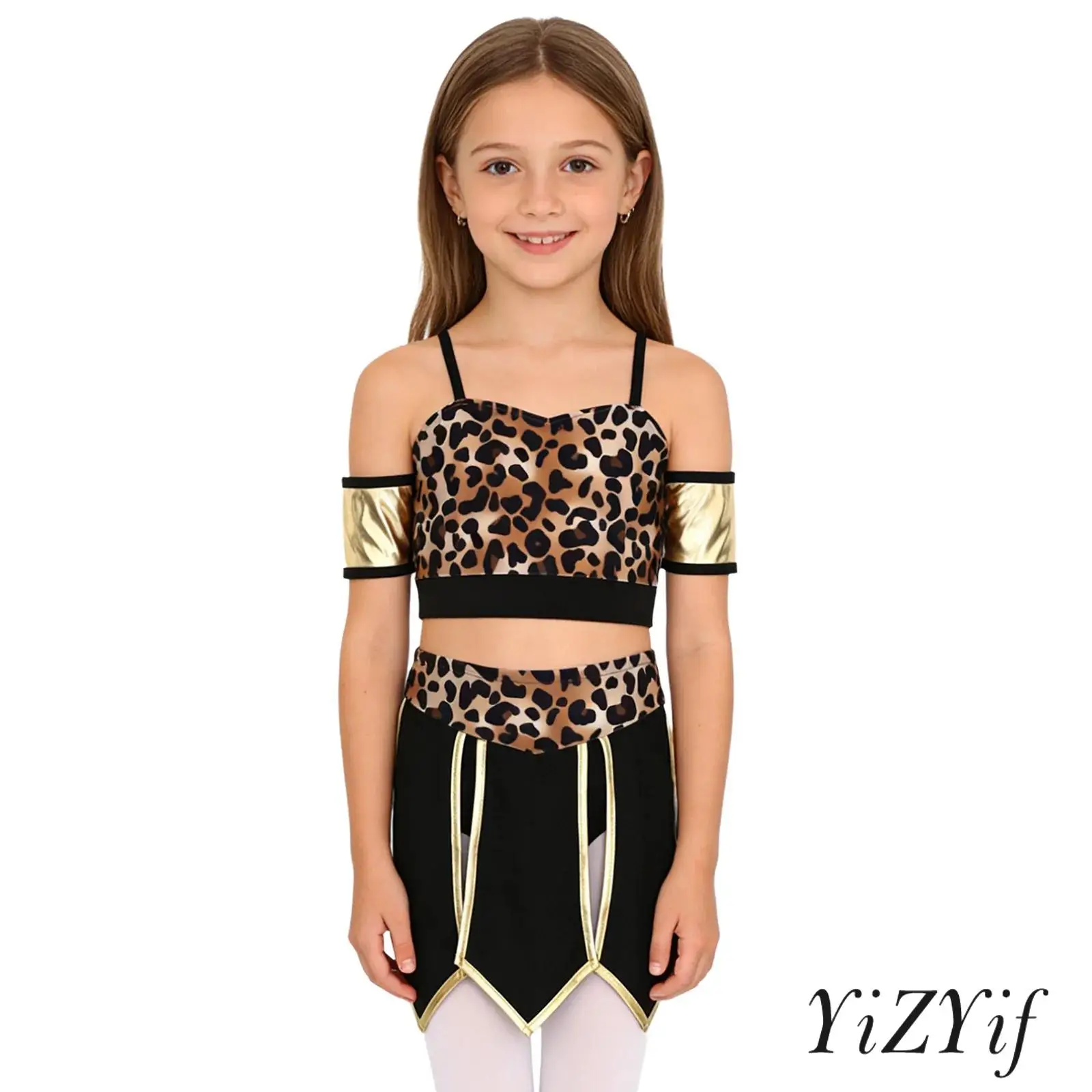 

Girls 2 Pieces Cave Themed Dance Costumes Outfit Leopard Print Sleeveless Tank Top with Slits Skirt Set for Stage Performance