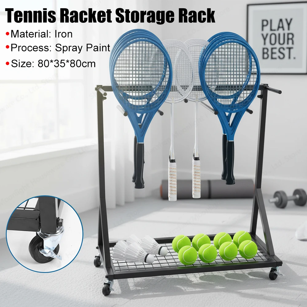 

Heavy Duty Tennis Racquet Holder Rack with Wheels Spray Paint Iron Construction for Garage Gym School Retail Storage Use
