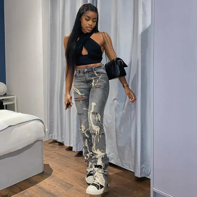 

Spring and Autumn Models Women's High Waist Slimming Printed Straight-leg Hole Casual Street Style Jeans Streetwear Women 2021