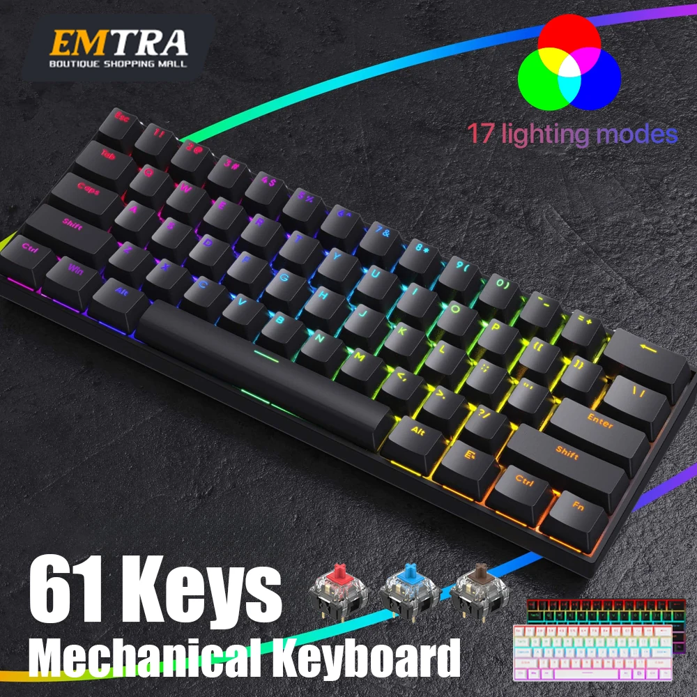 

Механическая клавиатура 60% с RGB-подсветкой, с возможностью горячей замены переключателей, 61 клавиша, игровая клавиатура с синими, коричневыми, красными переключателями, проводная клавиатура для игр и офиса