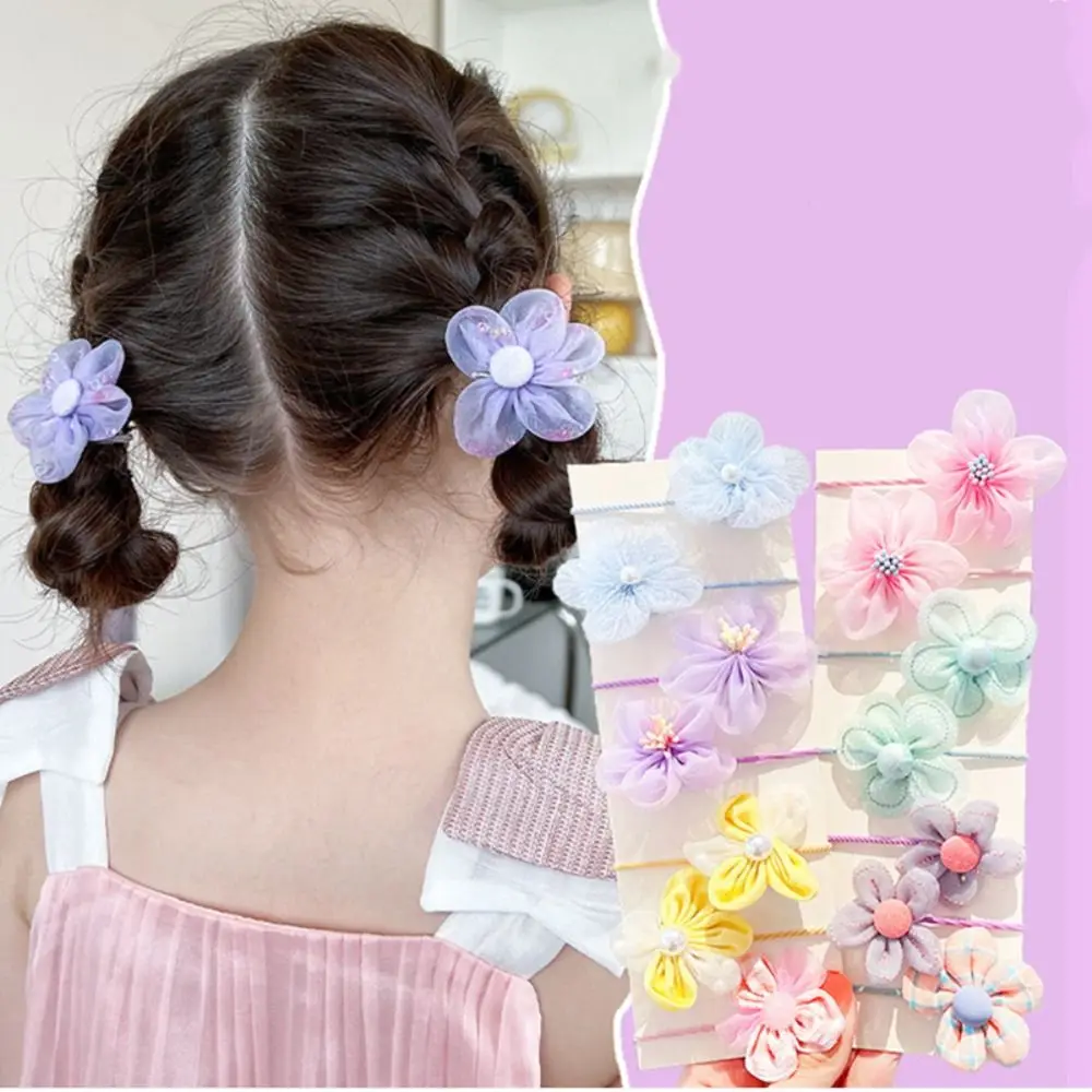 10Pcs/Set Colorful Baby Girl Hair Bands Sweet Mesh Flower Kids Hair Accessories Ponytail Holder Elastic Hair Ties