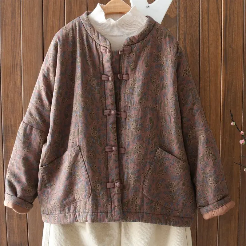 

Women's Autumn Spring Winter Top Coat Cotton Coat Floral Pattern Thickened Stand-up Collar Button Vintage Simple Comfortable New