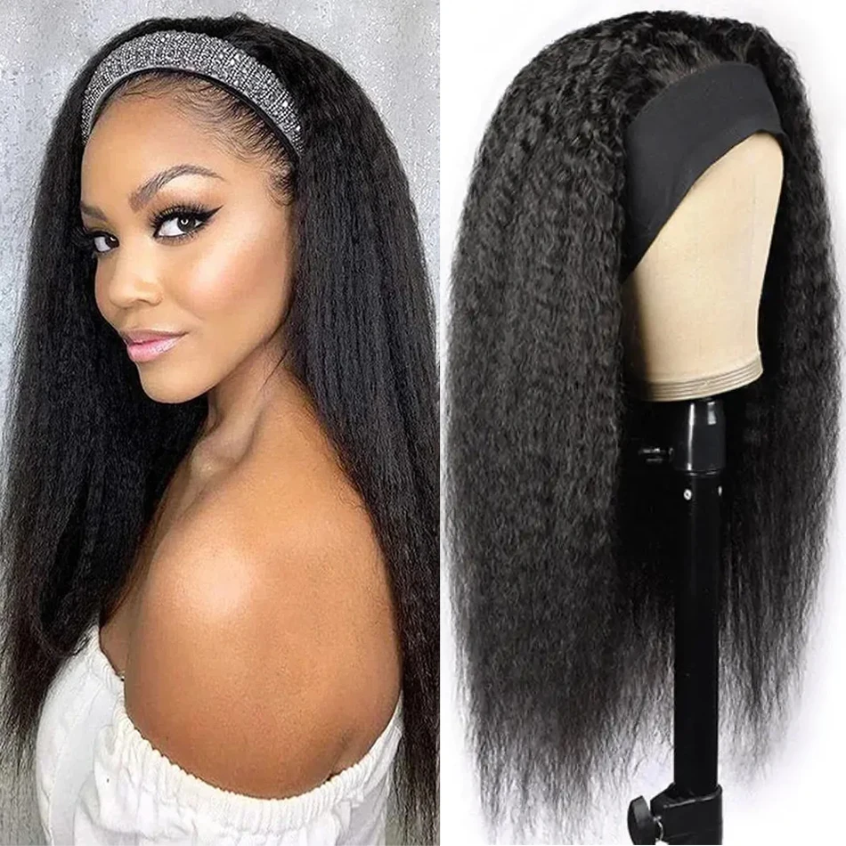 30 inch Long Thick Kinky Straight Headband Wigs 100% Human Hair Glueless Yaki Straight Headband Wigs Full Machine Wigs For Women