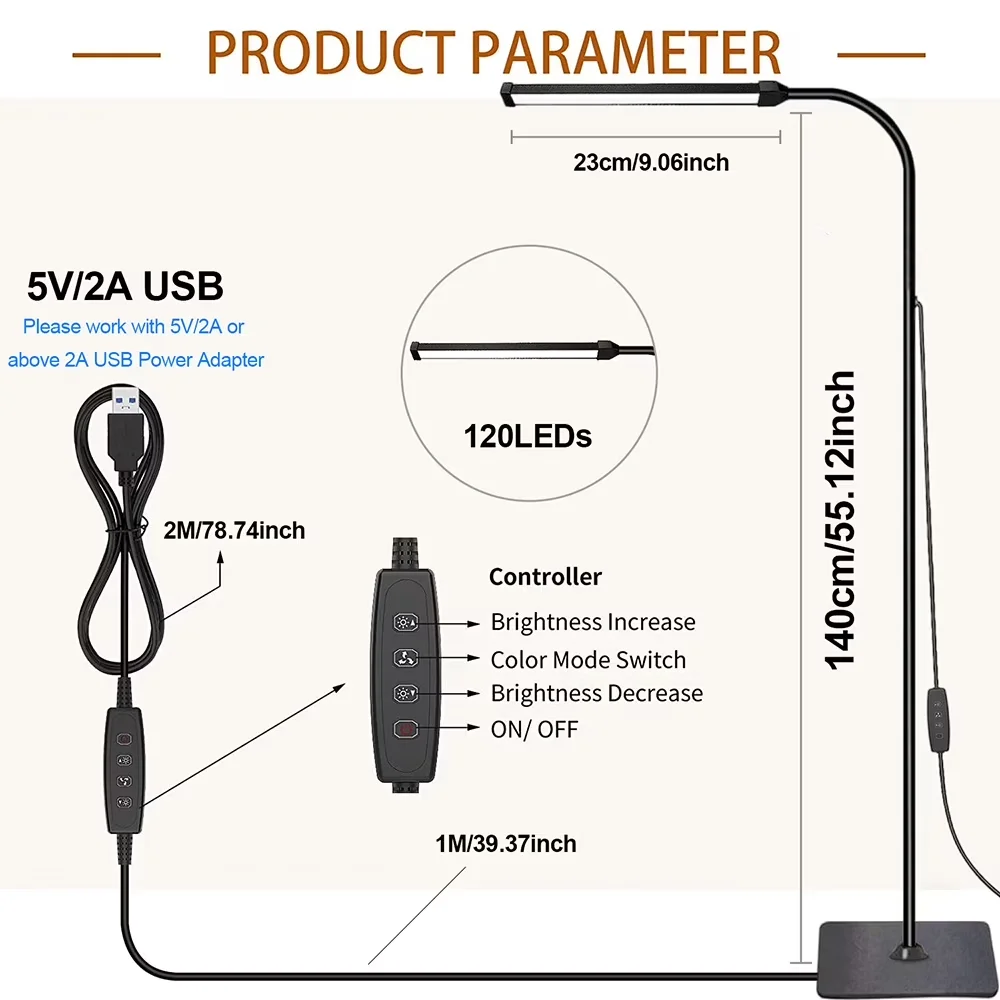 120 LED Floor Lamp Standing Reading Light 3 Color Modes 3000K-6000K 10 Brightness Levels Stepless Dimming Flexible Gooseneck Adjustable Eye-Caring Task Light for Living Room Bedroom Office Nail Tech Lash Extensions Beauty Salon Spa Work Crafting Study